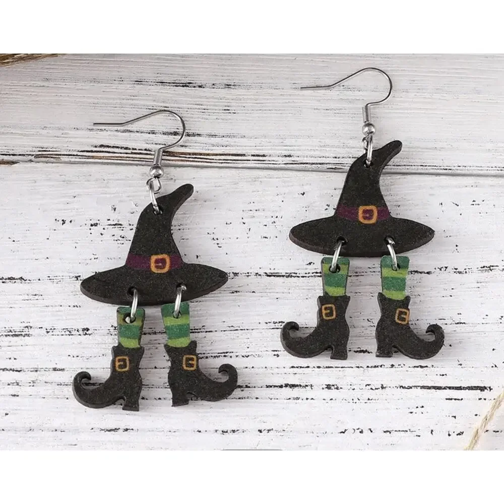 Witch Hat‎ Green Stockings Dangle 2D Earrings, Green Black Halloween NEW